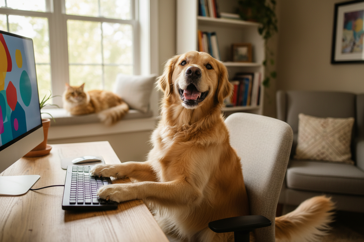 he looks happier, there is a cat in the background 